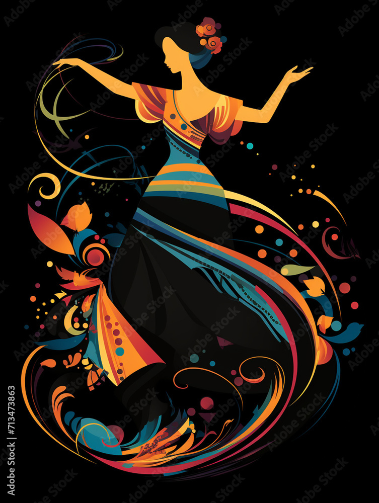 T-shirt design, a silhouette of a dancer in mid-leap, filled with the swirling, rhythmic patterns created with Generative Ai