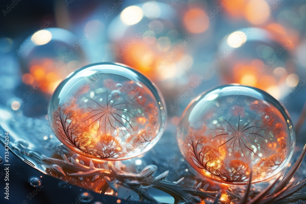 a couple of glass balls sitting on top of a piece of silver and orange foil on top of a table. a couple of glass balls sitting on top of a piece of silver and orange foil on top of a table.