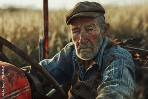 Elderly farmer with a weathered face at the helm of his tractor, a testament to a life spent working the land.