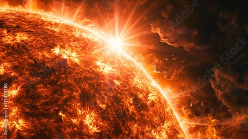 Behold the grandeur of the sun in a 3D-rendered scene, where the large star that warms our world is presented in breathtaking detail, capturing its radiant energy in high definition.