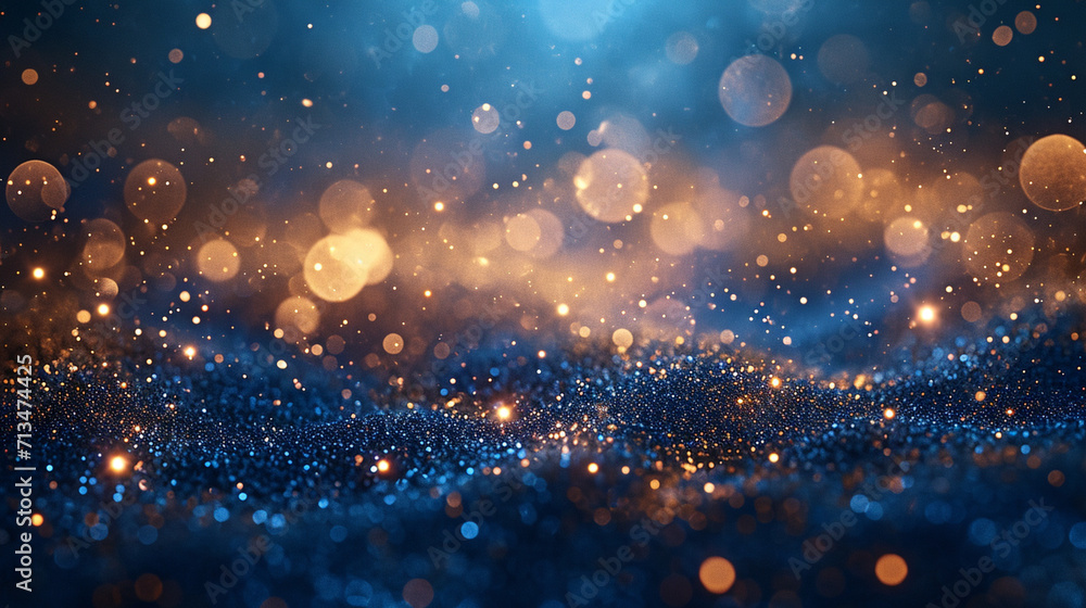 Holiday glam in pixels: Dark blue and gold particles create a mesmerizing bokeh. Christmas magic unfolds with a touch of gold foil texture. A festive masterpiece, digitally crafted. - obrazy, fototapety, plakaty 