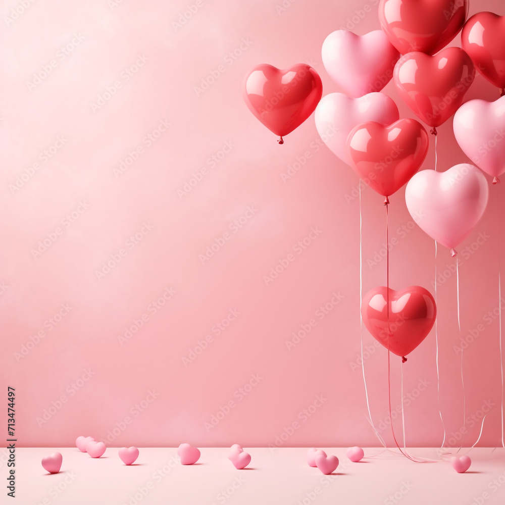 Perfect setting for Valentine's Day, made with colors that represent love, lots of heart-shaped balloons to celebrate Valentine's Day. Poetic, stuning, 3D rendering design illustration.