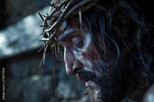 A profound representation of Jesus with a crown of thorns, emphasizing the deep themes of sacrifice and suffering, encapsulating a spiritual and historical narrative.