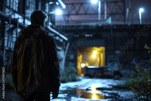 Mysterious figure standing in a dimly lit urban alley at night, evoking a noir atmosphere.