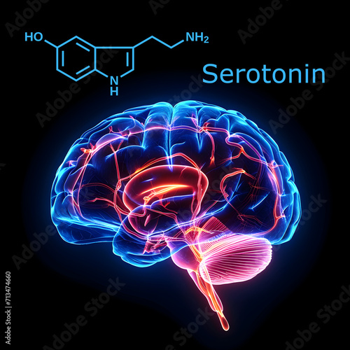 Human Brain. Serotonin Molecule. Neurotransmitter.