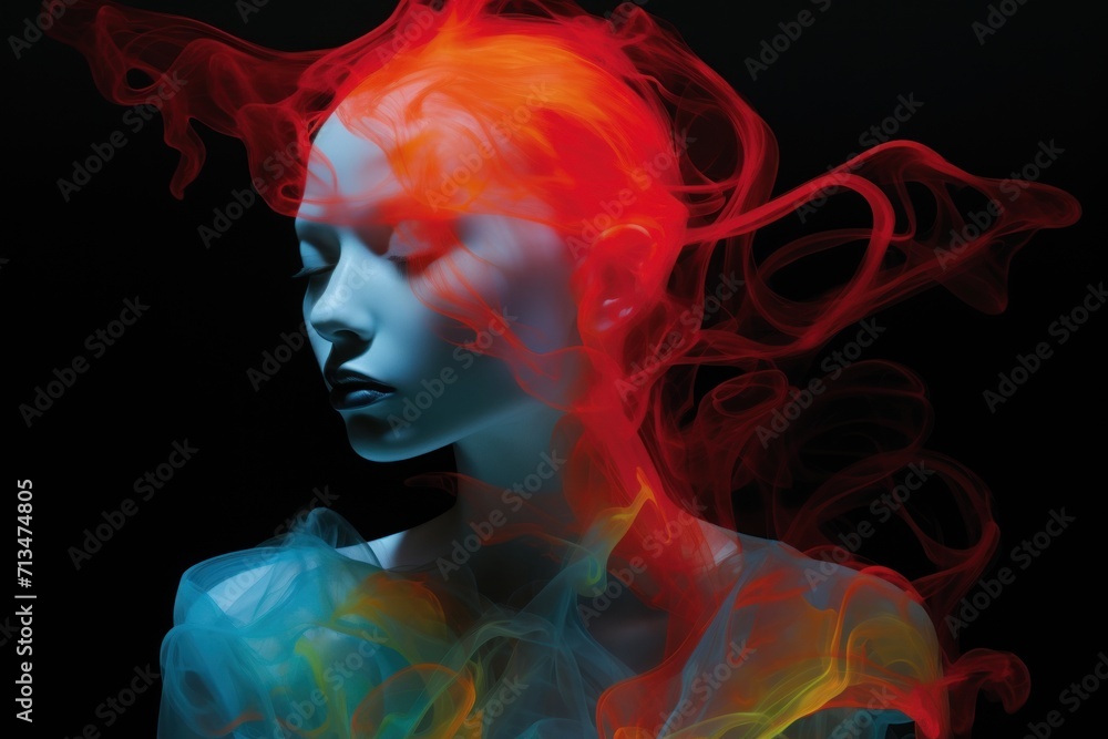  a woman with red hair and a blue dress with red and yellow smoke coming out of her head and shoulders.
