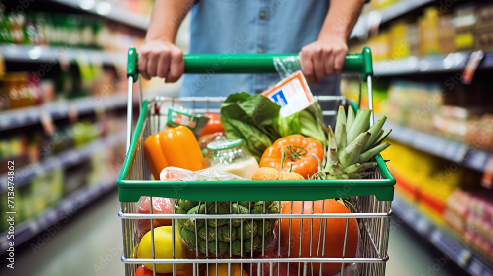 purchases in a shopping cart in a grocery store