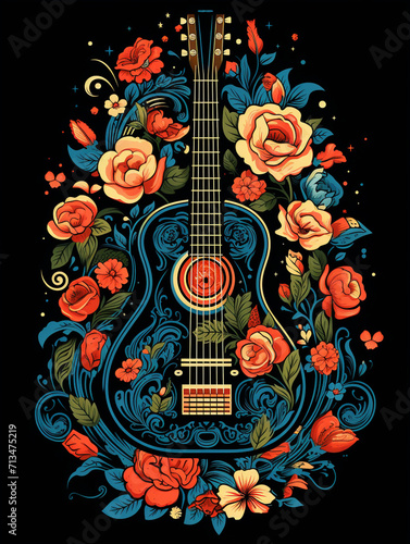 T-shirt design, a striking graphic of a guitar, split down the middle, with one half rendered in flat colors and bold lines created with Generative Ai
