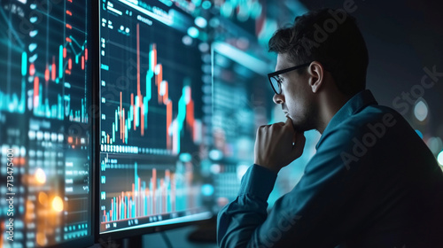 Strategic finance exploration, Trade manager deciphers stock market indicators, charts, and financial data. Digital AI aids in formulating optimal investment plans. photo