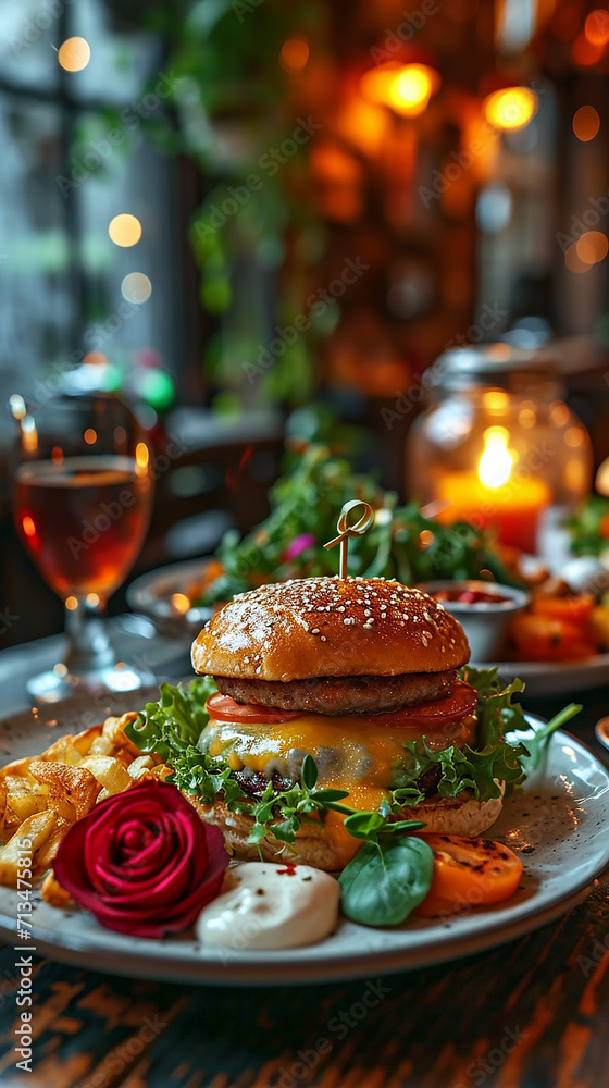 A burger on a plate with a rose flowe ai generativ e photo