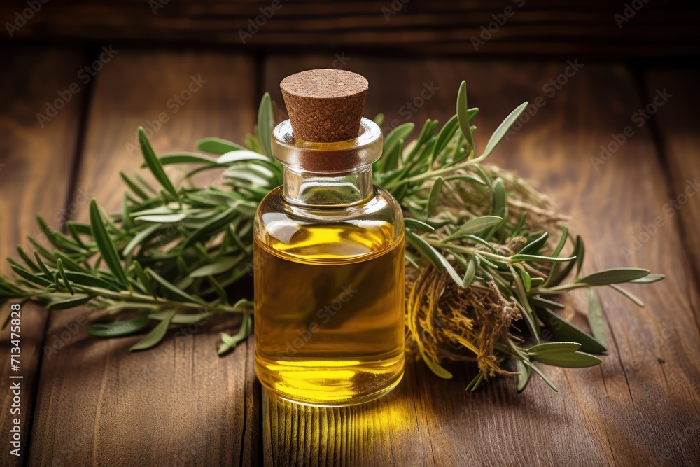 a bottle of olive oil sitting on top of a wooden table next to a sprig of olives. a bottle of olive oil sitting on top of a wooden table next to a sprig of olives.