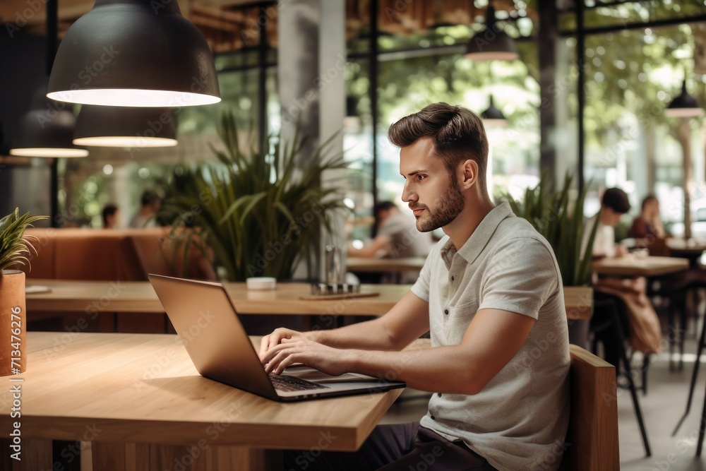 Young man freelancer with working on table by laptop in cafe or coworking space, work from home and remote job concept with laptop Young man freelancer with working on table by laptop in cafe or coworking space, work from home and remote job concept with laptop