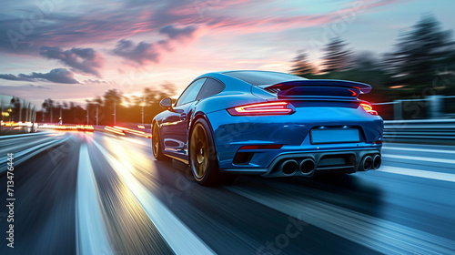 Dynamic blue business car in action  navigating a high speed turn on a highway. Rear view of a sleek vehicle racing with speed and precision. Transportation and motion concept.