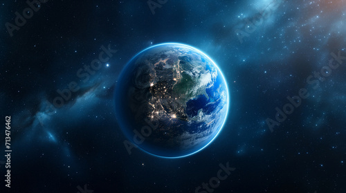 Earth planet in space with stars and nebula.