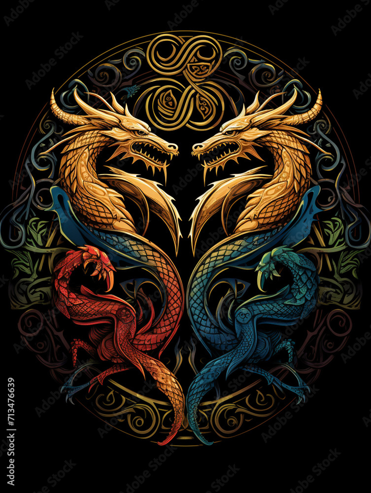 T-shirt design, an intricate Celtic knot pattern, formed by a trio of stylized dragons created with Generative Ai T-shirt design, an intricate Celtic knot pattern, formed by a trio of stylized dragons created with Generative Ai