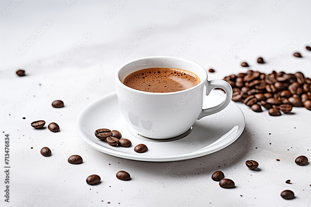 Fototapeta premium Hot Espresso and Coffee Bean on White Table