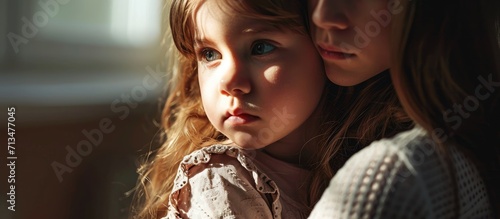 Beautiful little girl crying her mother calms Children neurosis. Copy space image. Place for adding text or design photo