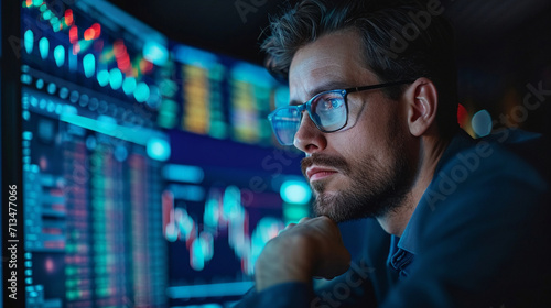 Navigating finance with AI: Stock market scrutiny by a trade manager. Detailed financial data, charts, and modern technology drive investment strategies.