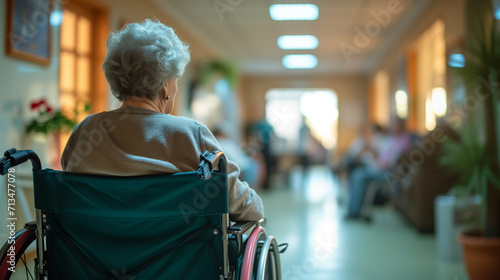 Elderly sitting in wheelchair indoors, Care and Volunteer in a Disability Nursing Home Concept photo