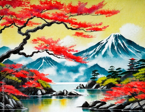 Japanese Landscape with Mountain and River