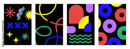 Abstract geometric posters set in trendy retro brutalist style. Swiss design aesthetic. Naive playful shapes backgrounds. Brutal contemporary figure star, circle, oval, wave patterns