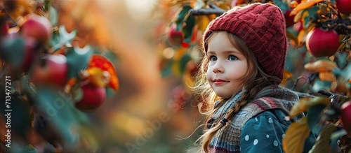 Adorable preschooler girl in red and white shirt picking red ripe organic apples in orchard or on farm on a fall day Outdoor autumn activities for kids. Copy space image