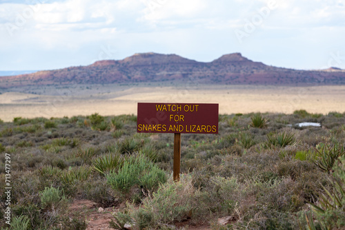 Watch out for snakes and lizards sign in the desert Grand Canyon.