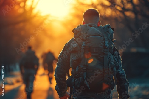 a soldier walking along the road on a sunset morning photo