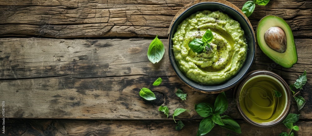 Avocado hummus in bowl on wooden table Top view. Copy space image. Place for adding text or design Avocado hummus in bowl on wooden table Top view. Copy space image. Place for adding text or design