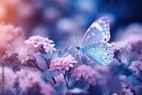  a blue butterfly sitting on top of a bunch of pink flowers on a blue and pink background with a blurry sky in the background.