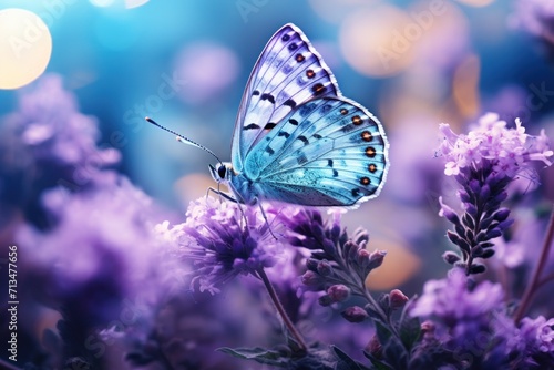  a blue butterfly sitting on a purple flower in a field of purple flowers with boke of light in the background. © Nadia