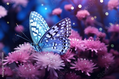  a close up of a butterfly on a flower with blurry lights in the background and a blurry boke of flowers in the foreground.