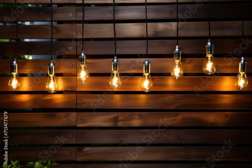  a bunch of light bulbs that are on a wooden wall and some lights are on the side of the wall.