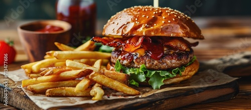 A delicious pub style bacon cheeseburger with barbecue sauce and french fries. Copy space image. Place for adding text or design photo