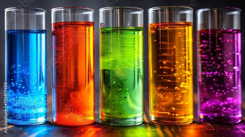 Colorful liquid in test tubes with bubbles on dark background