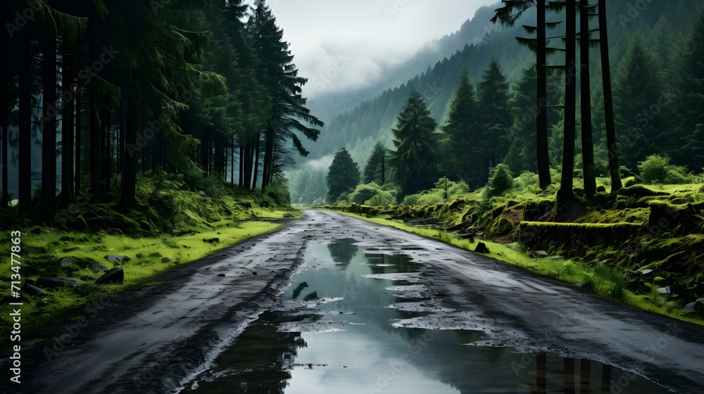 a road on a soggy spring day amid a hazy forest - obrazy, fototapety, plakaty 