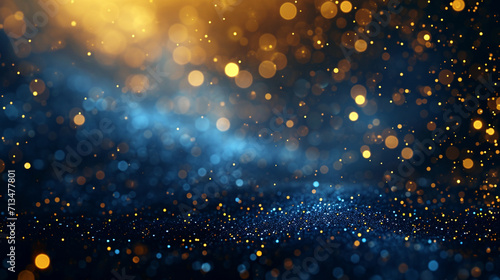 Captivating Christmas magic  Dark blue and gold particles dance in a festive bokeh. Elegant golden light on navy blue background with a touch of gold foil texture. Holiday enchantment.