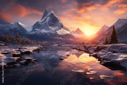  a painting of a mountain range with a river in the foreground and snow covered mountains in the background at sunset.