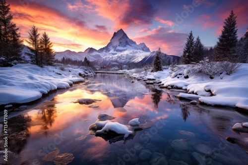  the sun is setting over a mountain with a river in the foreground and snow covered rocks in the foreground.