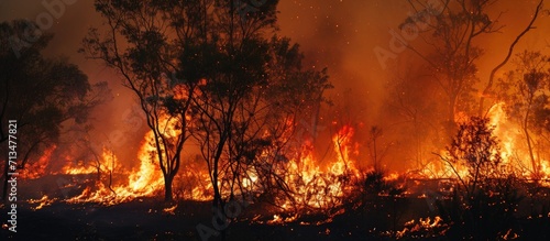 A bushfire burning orange and red at night. Copy space image. Place for adding text or design