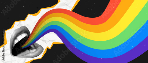 Women's lips with halftone effect in retro collage style. A rainbow emerges from the mouth in the form of a wavy ribbon.