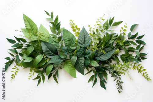  a bunch of green leaves laying on top of each other on top of a white table next to a white wall.
