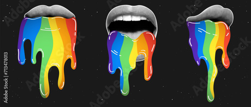 Set of cut out female lips with halftone effect in retro collage style. A rainbow flows from the mouth.Surreal retro collage.