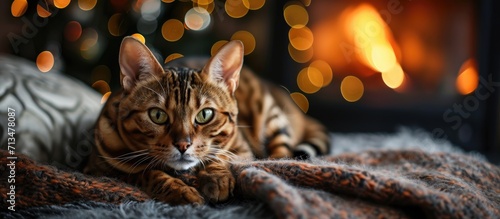 Bengal cat lies on a blanket and warms itself near the fireplace. Copy space image. Place for adding text or design © Gular