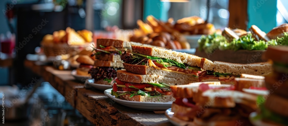 A selection of Sandwiches with various fillings at a buffet with text area. Copy space image. Place for adding text or design