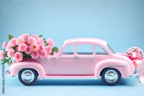 Pink toy car with bouquet of flowers on a roof with ribbon and bow on light blue background. 