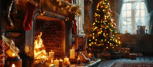 A romantic Christmas dinner table setting with candles and Christmas decorations A fire is burning in the fireplace and Christmas stockings are hanging on the mantelpiece. Copy space image