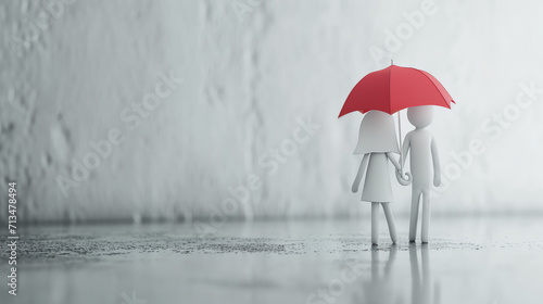 A couple of white stick figure is taking a walk while rain with a red umbrella. Generative AI photo