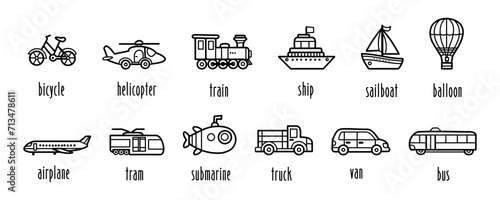 Set of transportation modes icons, black and white doodle line art, cute elements for infographic, travel guides,etc. vector illustration.