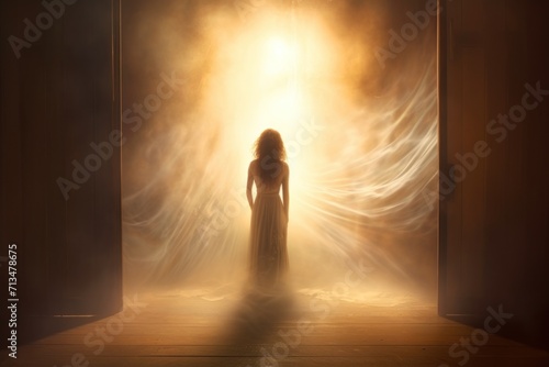  a woman in a long dress standing in front of an open door with a light shining through the curtain behind her. photo